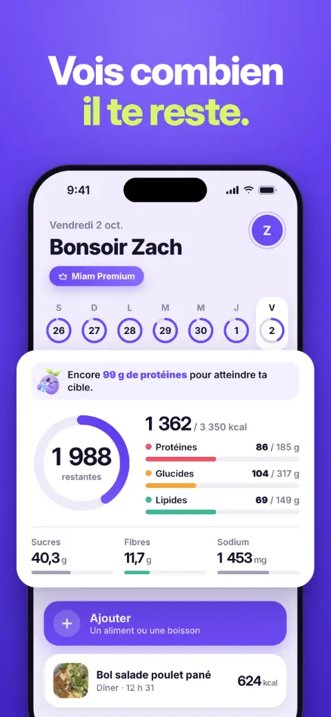 Résumé de la journée : calories et macros restantes